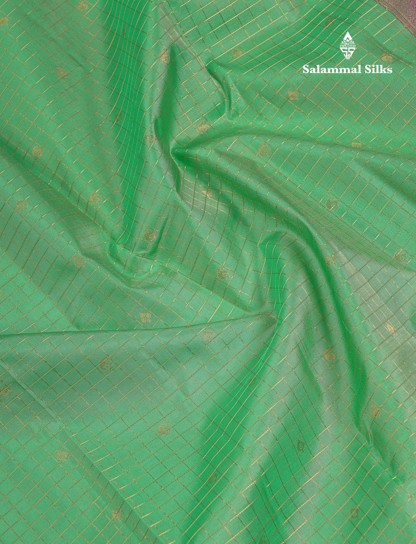 Beautiful Parrot Green Traditional Checks And Buttas Pure Kanjivaram Silk Saree With Contrast Violet Border