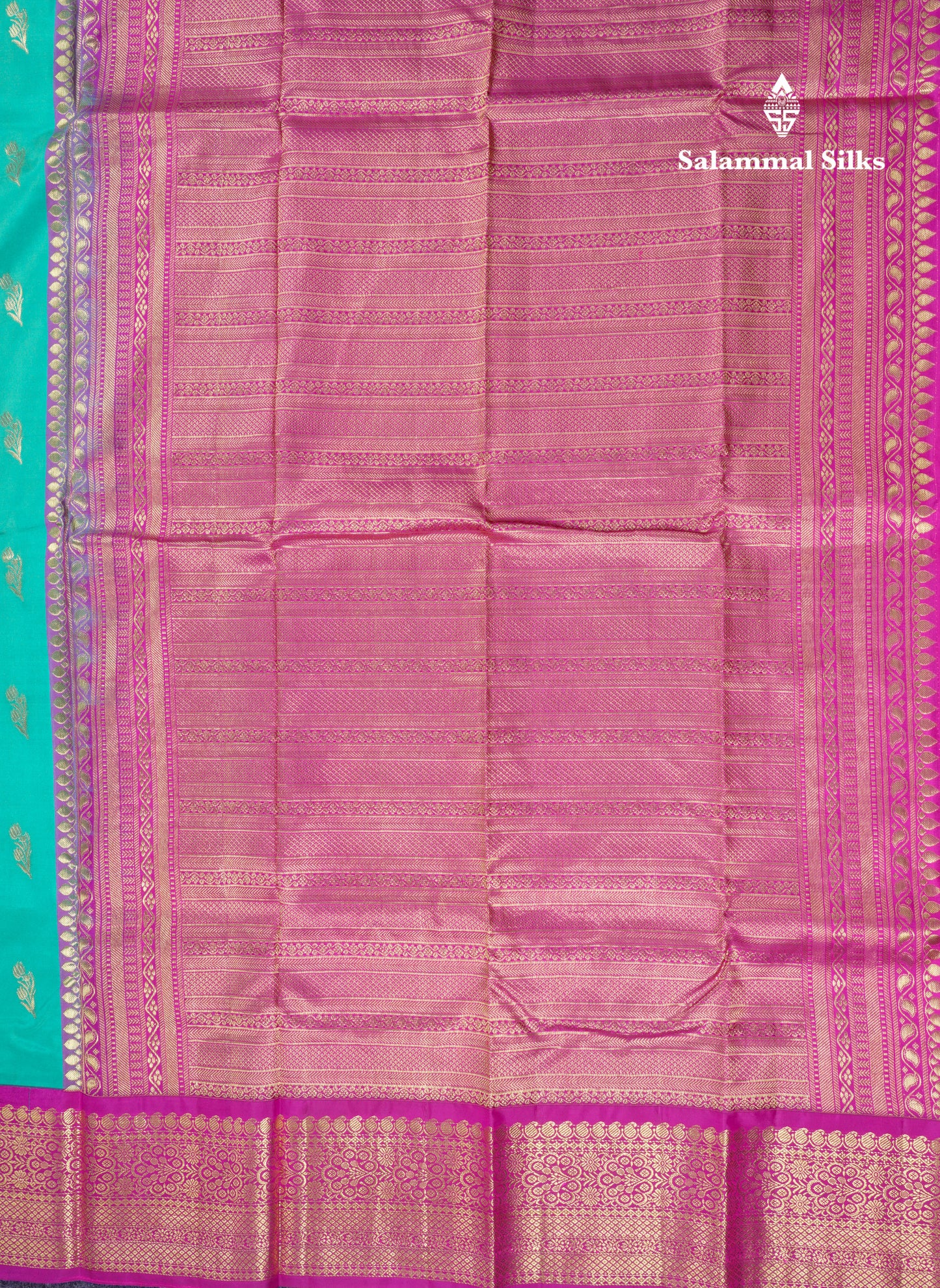Beautiful Sapphire Green Silver & Gold Butta Pure Kanjivaram Silk Saree With Contrast Magenta Pink Traditional Border