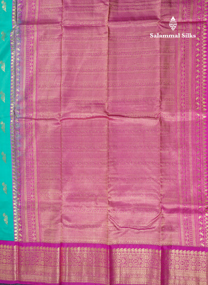 Beautiful Sapphire Green Silver & Gold Butta Pure Kanjivaram Silk Saree With Contrast Magenta Pink Traditional Border