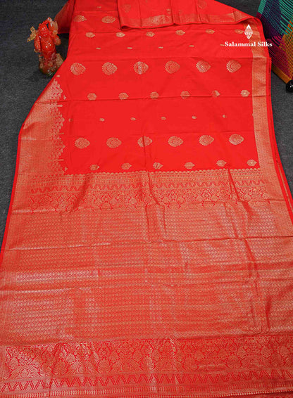 Semi Silk Saree - Redish Orange Colour Body Zari Butta With Traditional Turning Border 