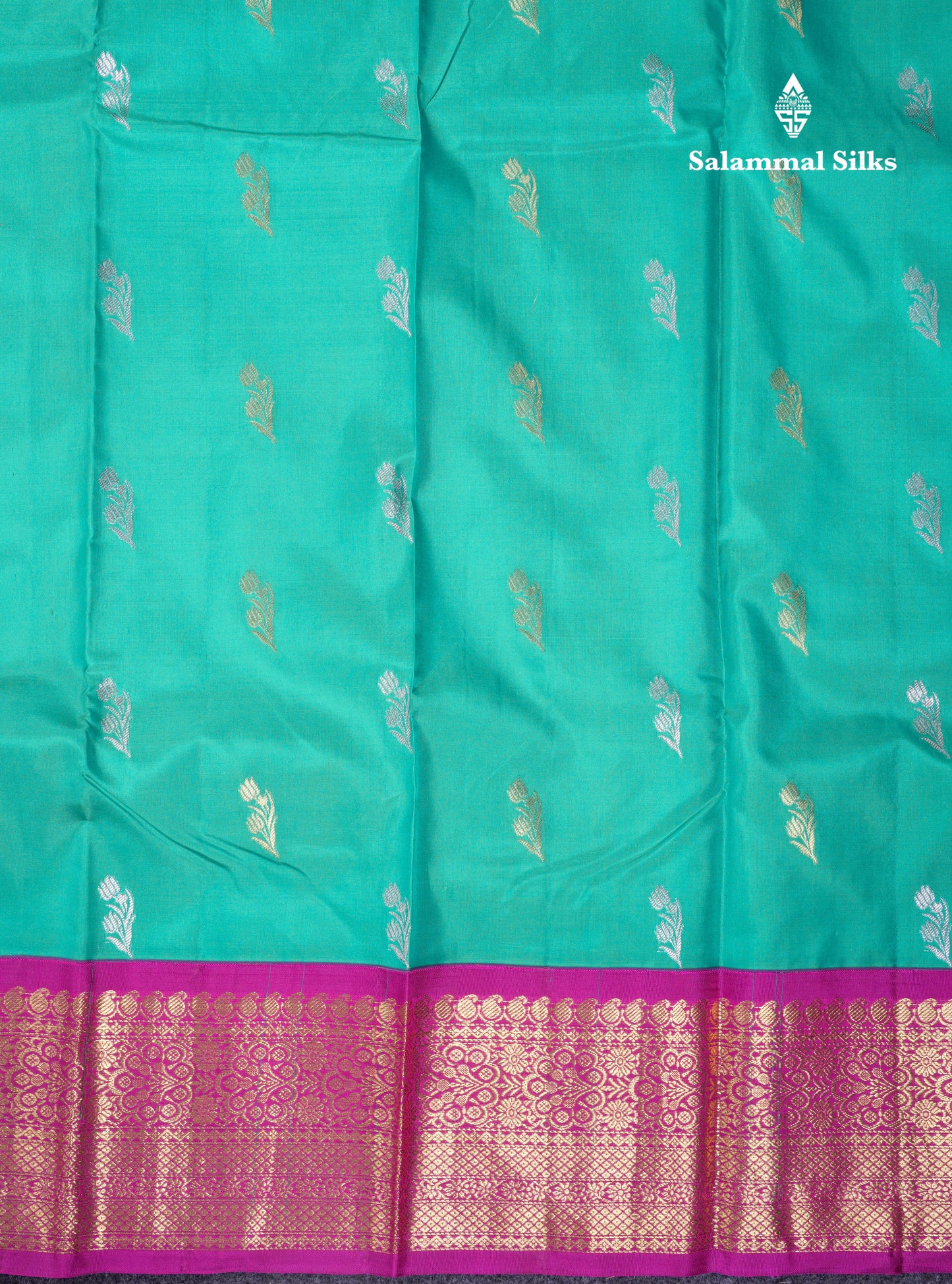 Beautiful Sapphire Green Silver & Gold Butta Pure Kanjivaram Silk Saree With Contrast Magenta Pink Traditional Border
