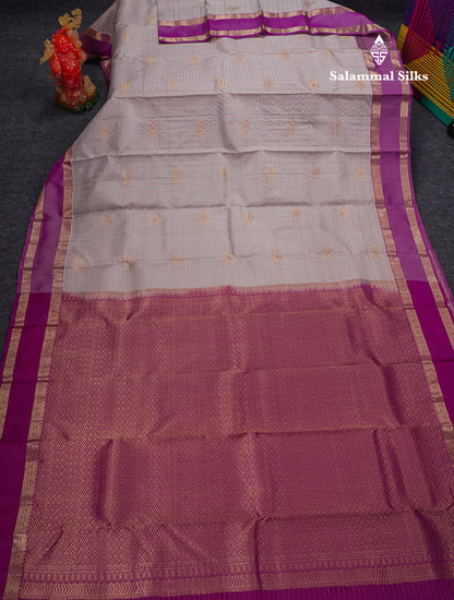 Beautiful Grey Traditional Checks And Buttas Pure Kanjivaram Silk Saree With Contrast Violet Border