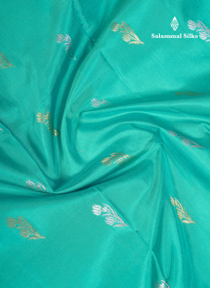 Beautiful Sapphire Green Silver & Gold Butta Pure Kanjivaram Silk Saree With Contrast Magenta Pink Traditional Border