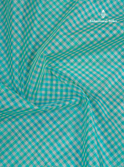 Sky Blue & White Tiny Checks Pure Silk Cotton Saree With Contrast Chilly Red Traditional Border