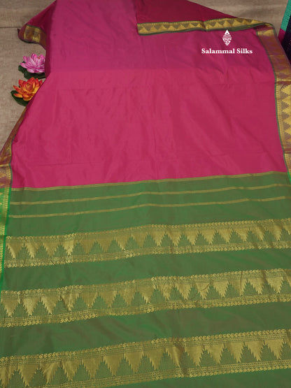10 Yards Art Silk Saree Dark Brown with Contrast Green Temple Border