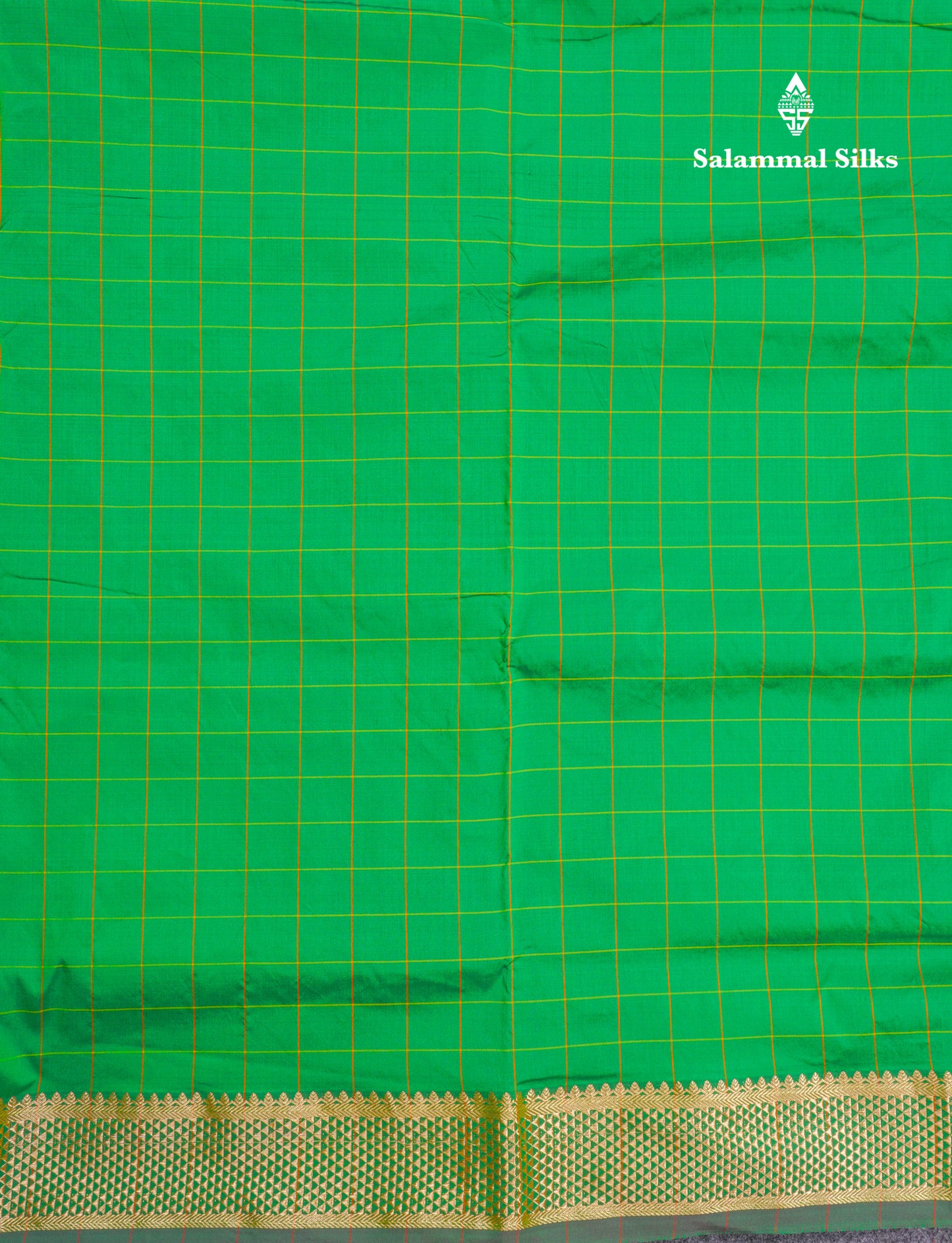 9 Yards Semi Silk Saree Green Checks With Traditional Border