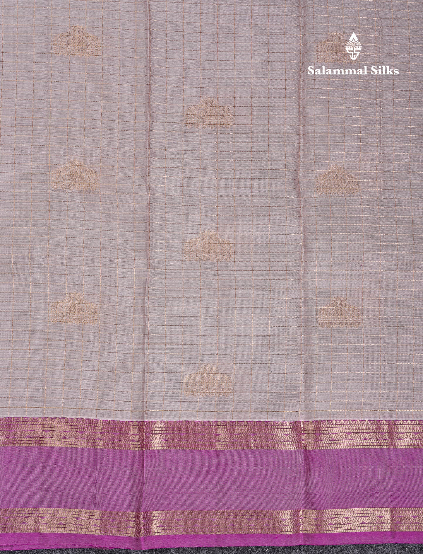 Beautiful Grey Traditional Checks And Buttas Pure Kanjivaram Silk Saree With Contrast Violet Border