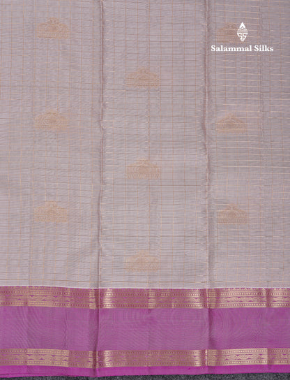 Beautiful Grey Traditional Checks And Buttas Pure Kanjivaram Silk Saree With Contrast Violet Border