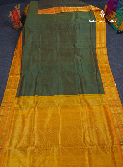 Bottle Green Tiny Checks Pure Silk Cotton Saree With Contrast Mustard Yellow Traditional Border