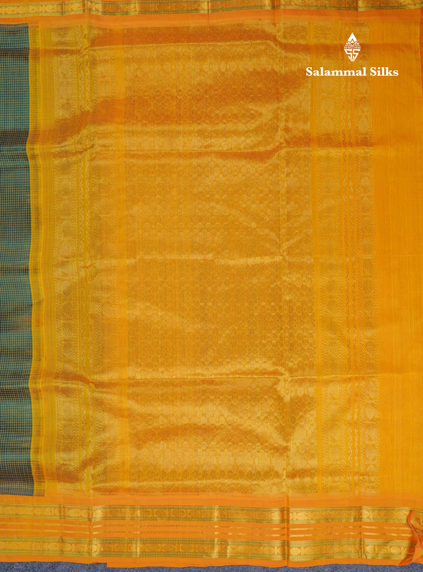 Bottle Green Tiny Checks Pure Silk Cotton Saree With Contrast Mustard Yellow Traditional Border