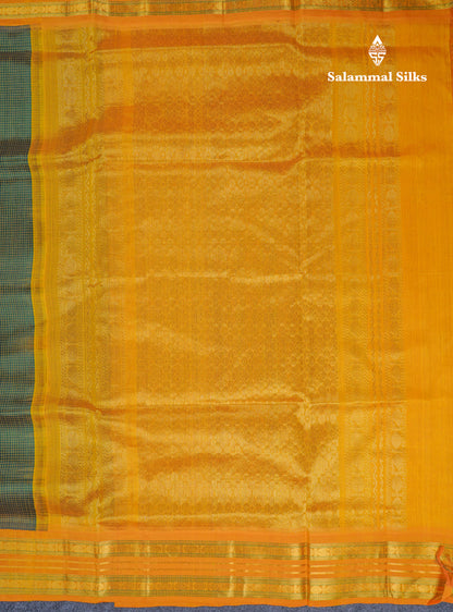 Bottle Green Tiny Checks Pure Silk Cotton Saree With Contrast Mustard Yellow Traditional Border