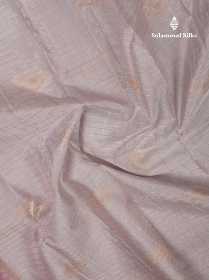 Beautiful Grey Traditional Checks And Buttas Pure Kanjivaram Silk Saree With Contrast Violet Border
