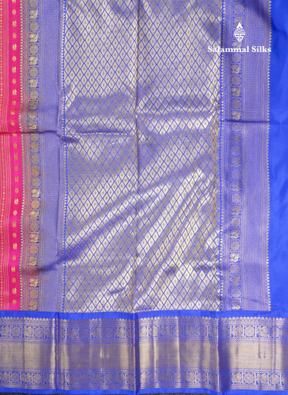 Beautiful Magenta Pure Kanjivaram Silk Saree With Contrast Magenta Pink Traditional Border