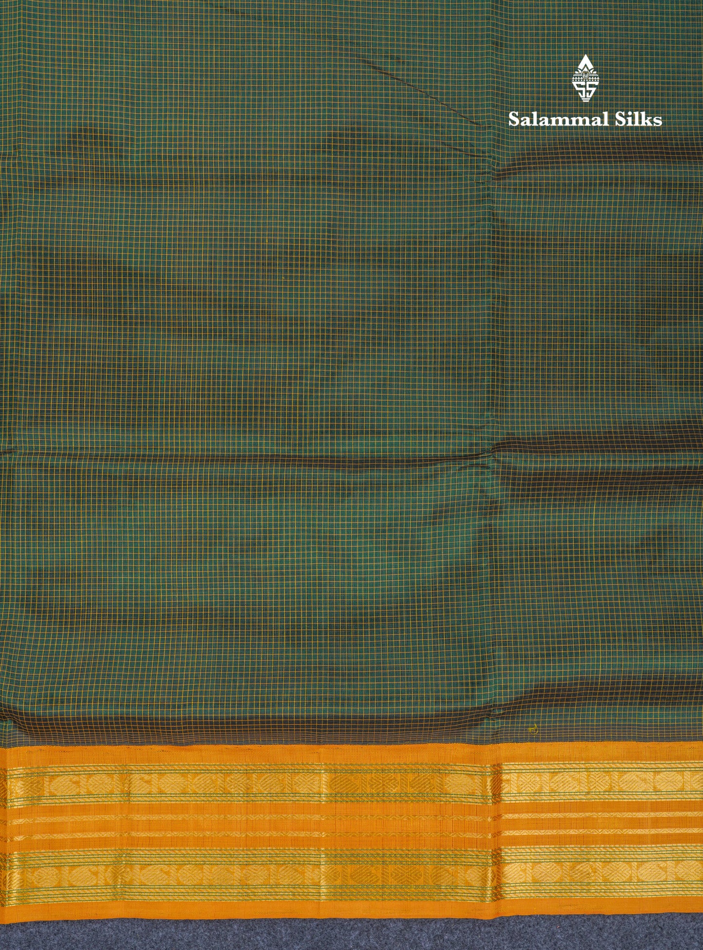 Bottle Green Tiny Checks Pure Silk Cotton Saree With Contrast Mustard Yellow Traditional Border