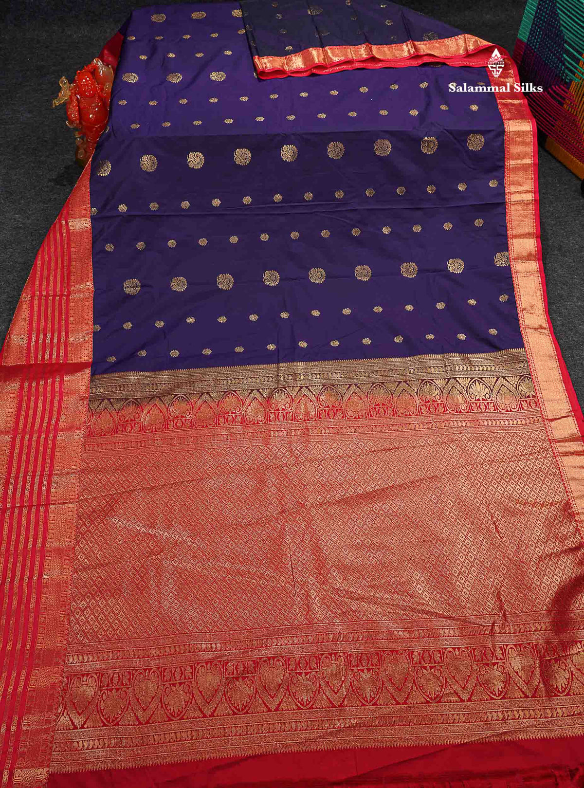 Semi Silk Saree - Brinjal Colour Body Zari Butta With Contrast Red Evening Morning Border