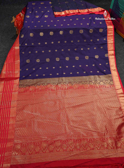 Semi Silk Saree - Brinjal Colour Body Zari Butta With Contrast Red Evening Morning Border