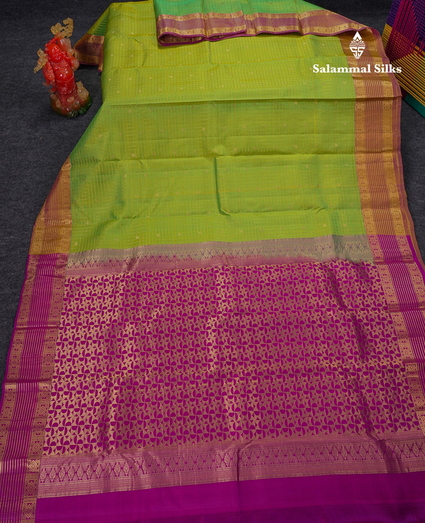 Beautiful Parrot Green Traditional Checks And Buttas Pure Kanjivaram Silk Saree With Contrast Violet Border