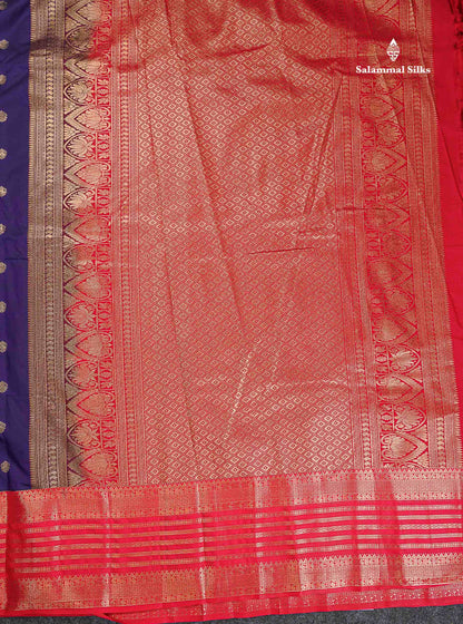Semi Silk Saree - Brinjal Colour Body Zari Butta With Contrast Red Evening Morning Border