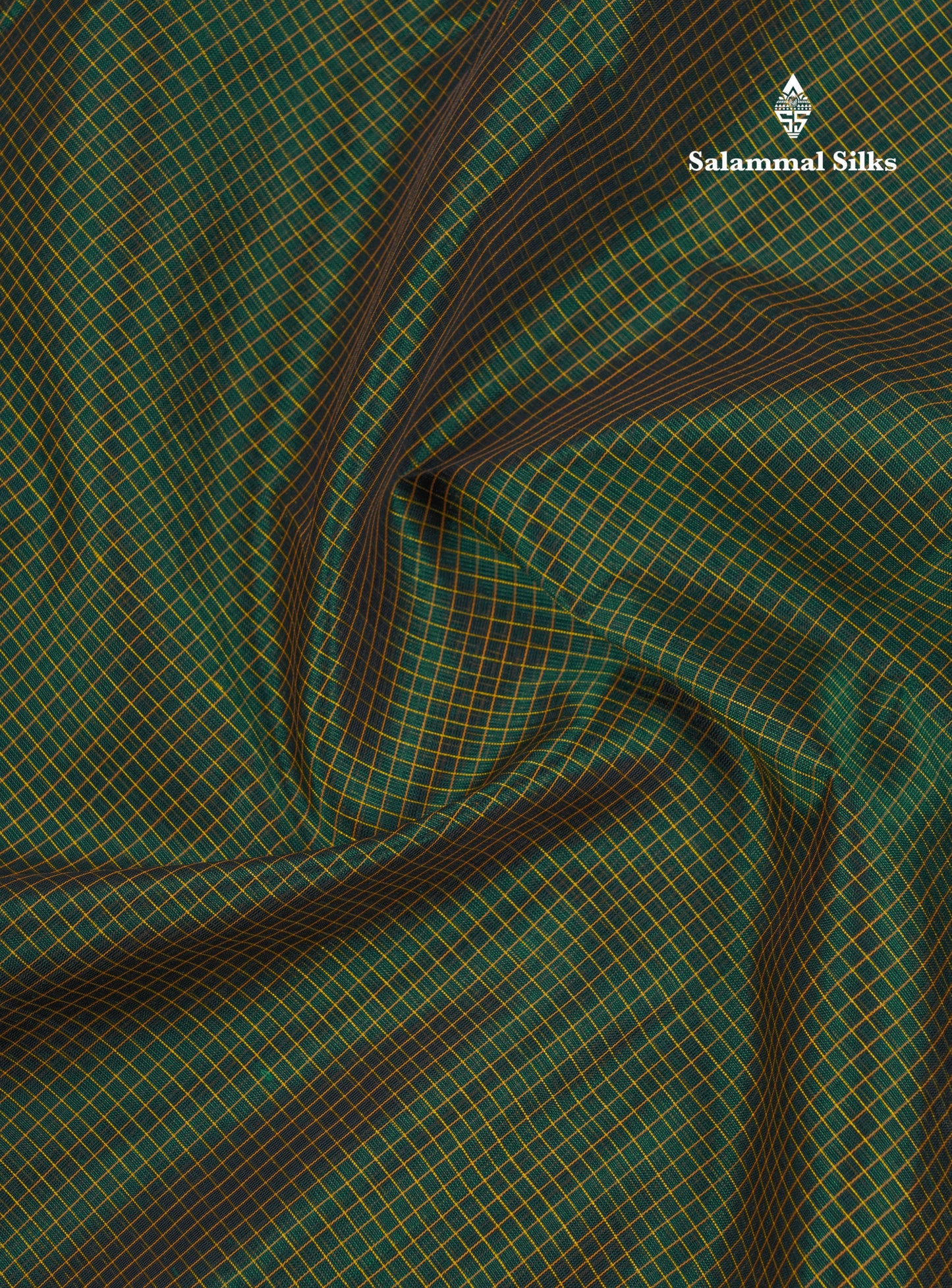 Bottle Green Tiny Checks Pure Silk Cotton Saree With Contrast Mustard Yellow Traditional Border