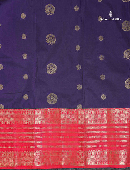 Semi Silk Saree - Brinjal Colour Body Zari Butta With Contrast Red Evening Morning Border