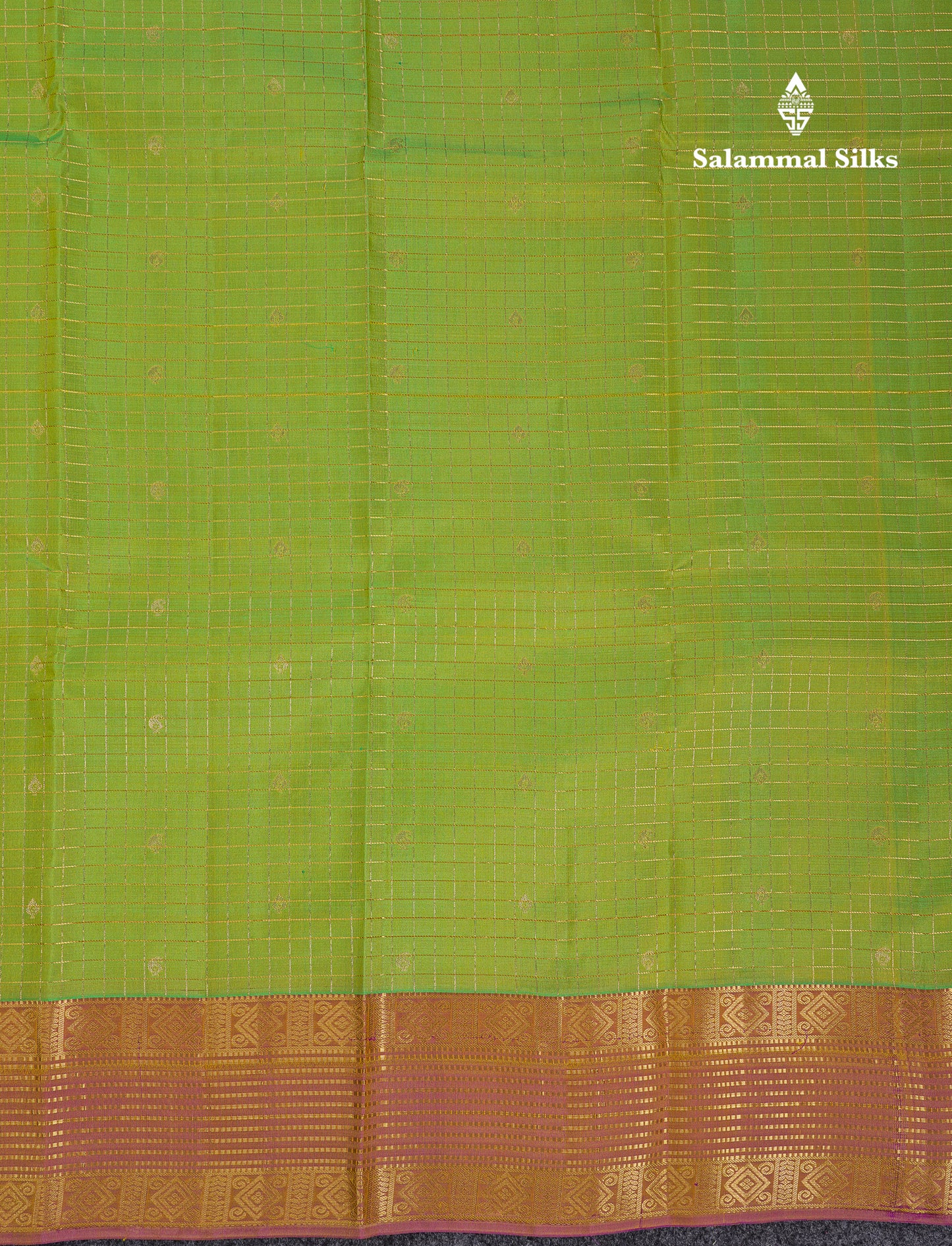 Beautiful Parrot Green Traditional Checks And Buttas Pure Kanjivaram Silk Saree With Contrast Violet Border