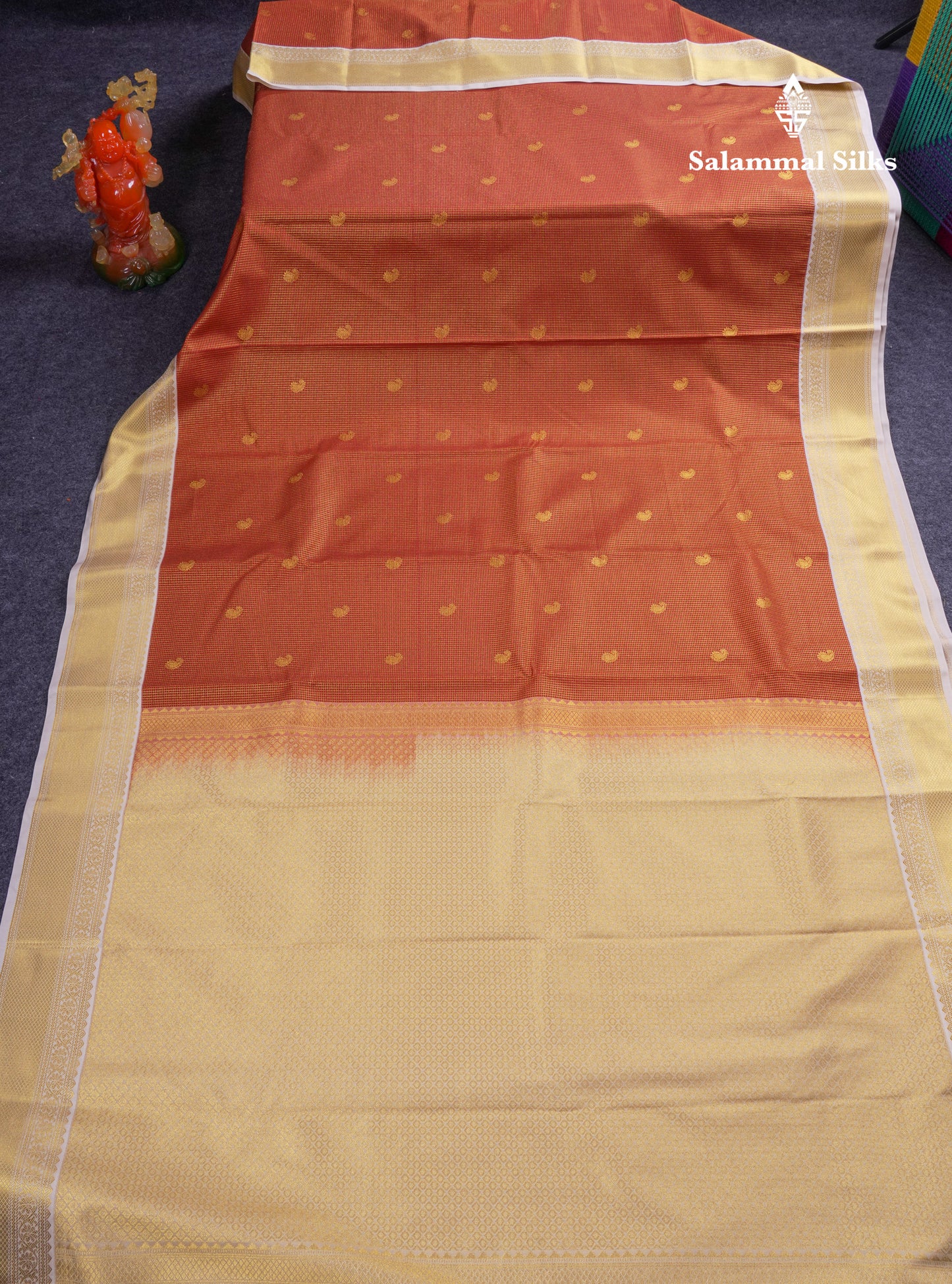 Beautiful Rust Orange Tiny Zari Checks With Butta Semi Silk Saree With Contrast Cream Sandal Traditional Border