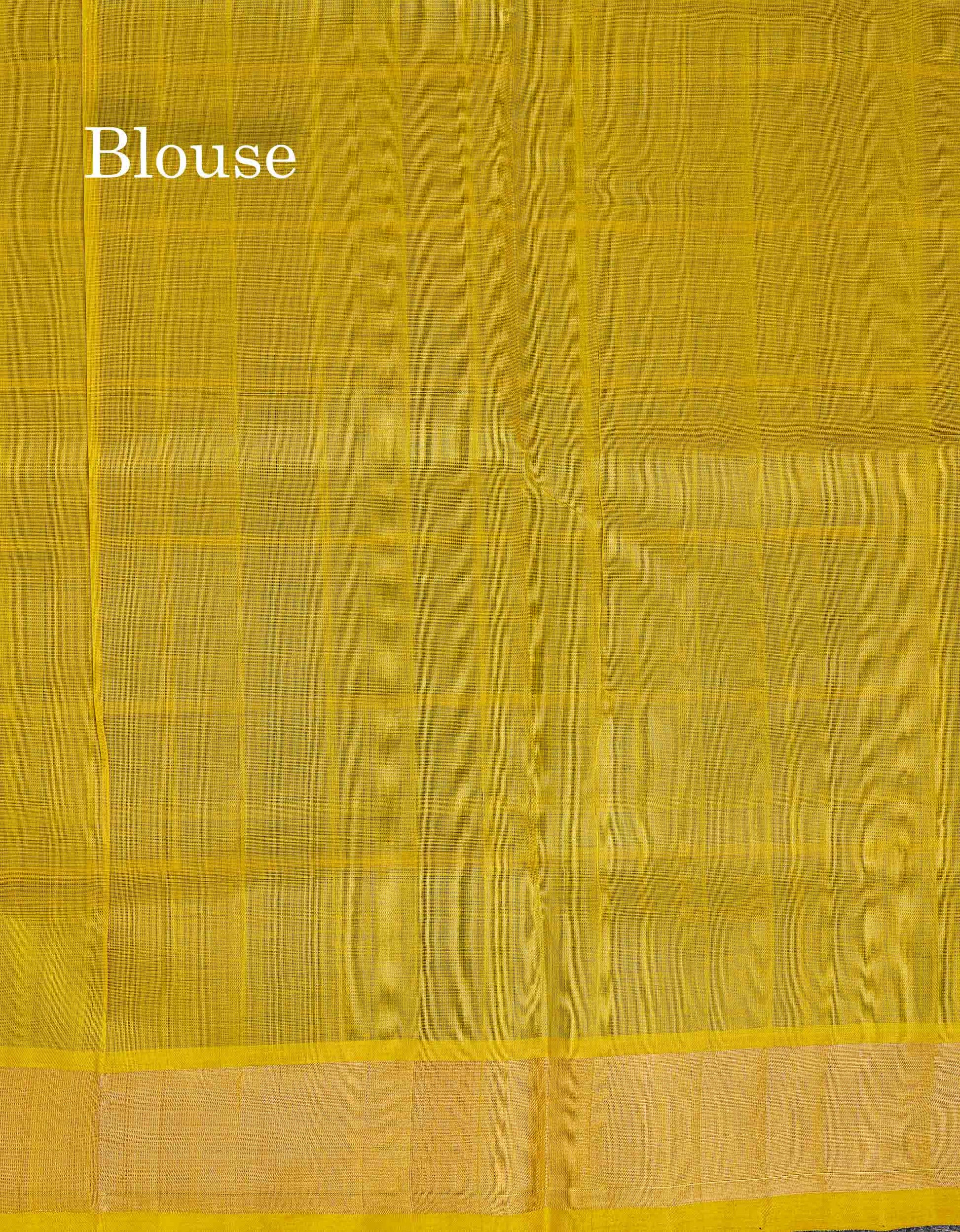 Contrast Dual Tone Lemon yellow Blouse Of Dark Navy Blue Pure Silk Cotton Saree