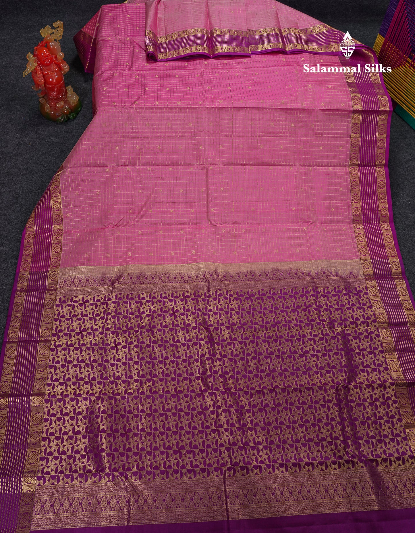 Beautiful Parrot Green Traditional Checks And Buttas Pure Kanjivaram Silk Saree With Contrast Violet Border