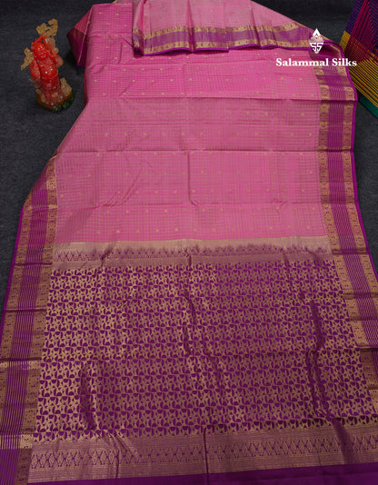 Beautiful Parrot Green Traditional Checks And Buttas Pure Kanjivaram Silk Saree With Contrast Violet Border
