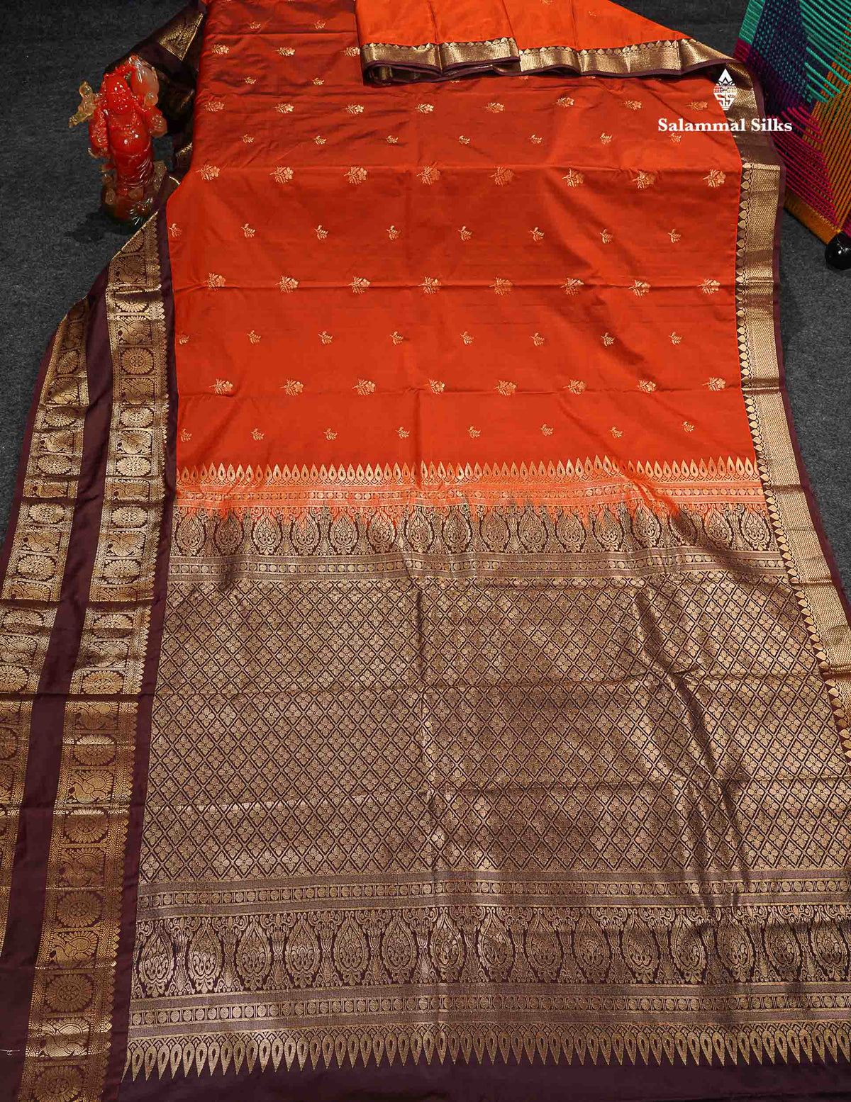 Semi Silk Saree - Rust Orange Colour Body Zari Butta With Contrast Dark Brown Evening Morning Border