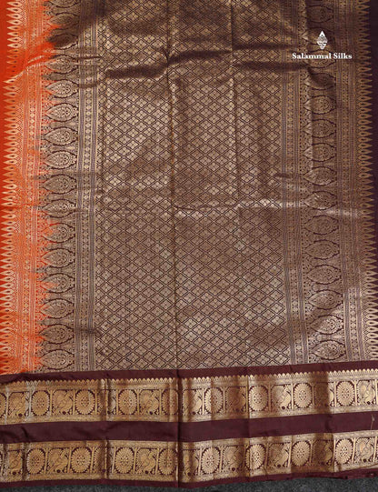 Semi Silk Saree - Rust Orange Colour Body Zari Butta With Contrast Dark Brown Evening Morning Border