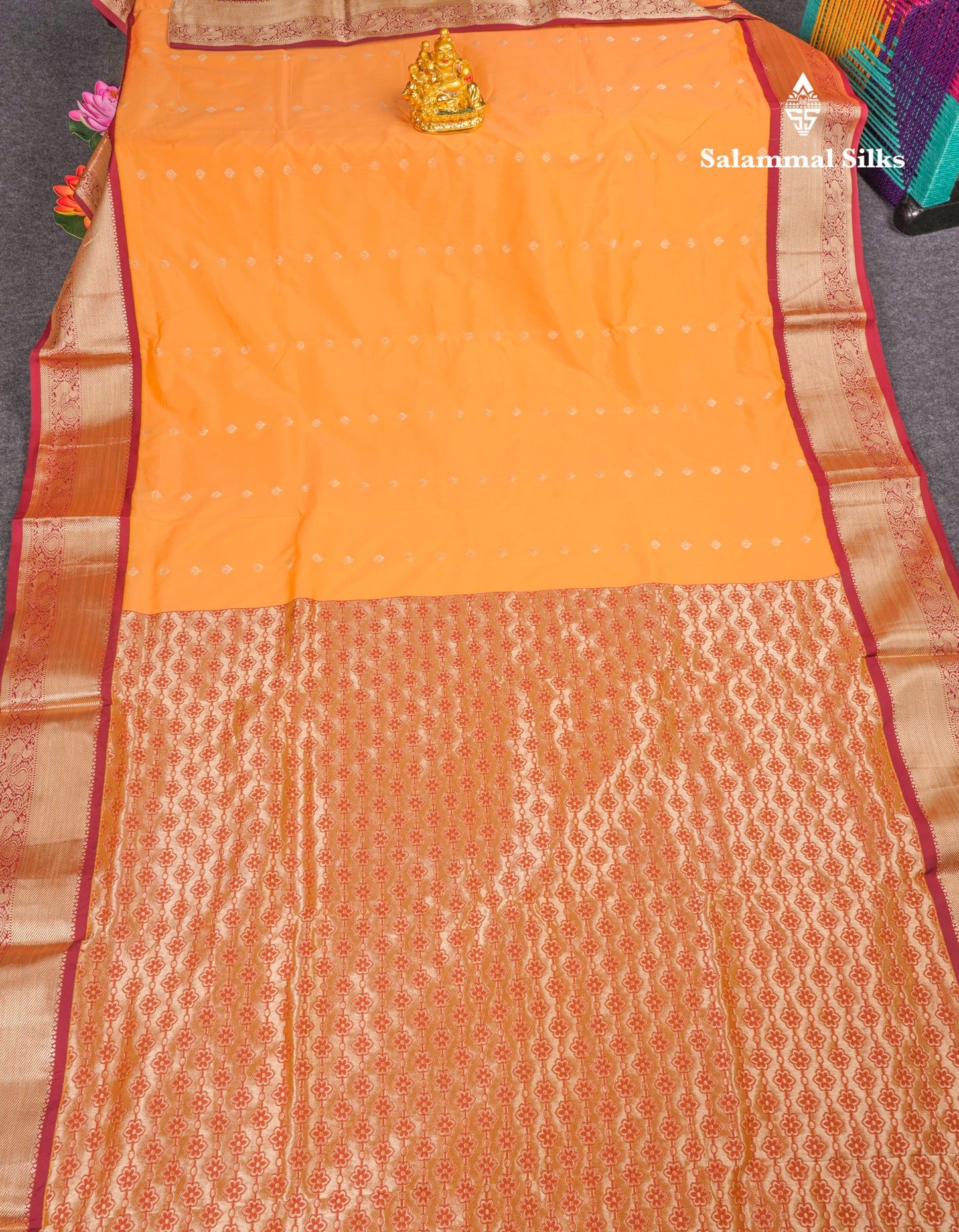 9 Yards Semi Silk Saree Light Orange With Contrast Maroon Border
