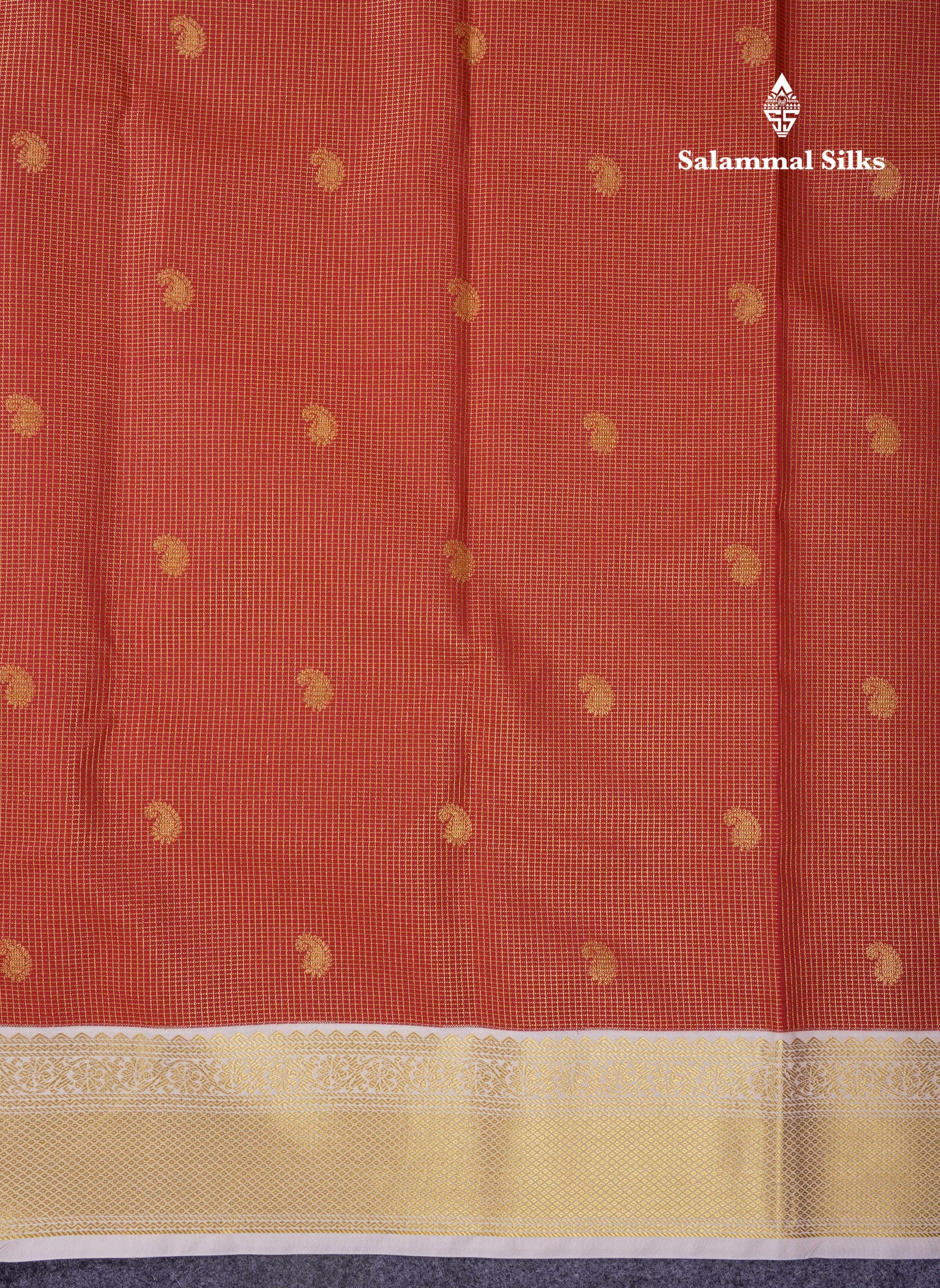 Beautiful Rust Orange Tiny Zari Checks With Butta Semi Silk Saree With Contrast Cream Sandal Traditional Border