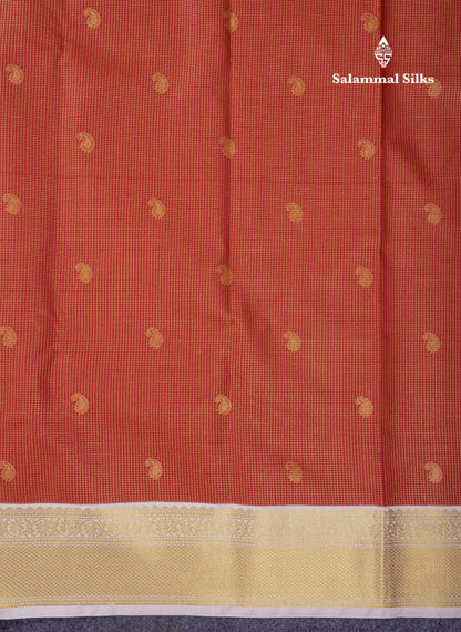 Beautiful Rust Orange Tiny Zari Checks With Butta Semi Silk Saree With Contrast Cream Sandal Traditional Border
