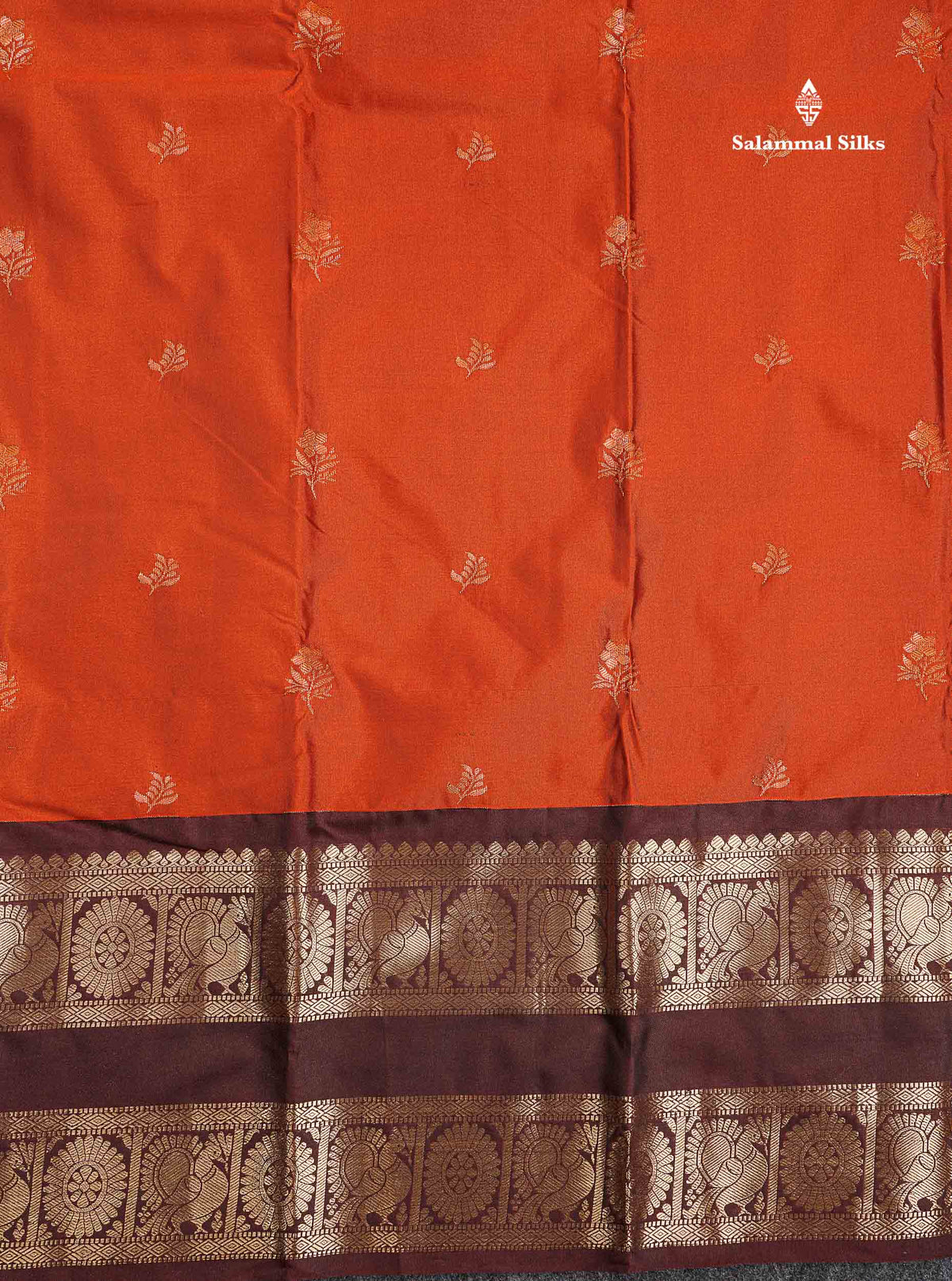 Semi Silk Saree - Rust Orange Colour Body Zari Butta With Contrast Dark Brown Evening Morning Border