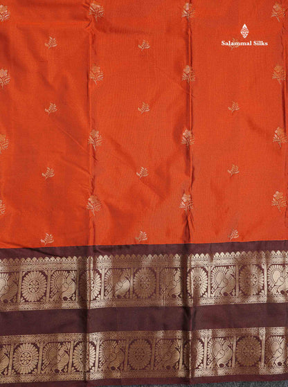 Semi Silk Saree - Rust Orange Colour Body Zari Butta With Contrast Dark Brown Evening Morning Border