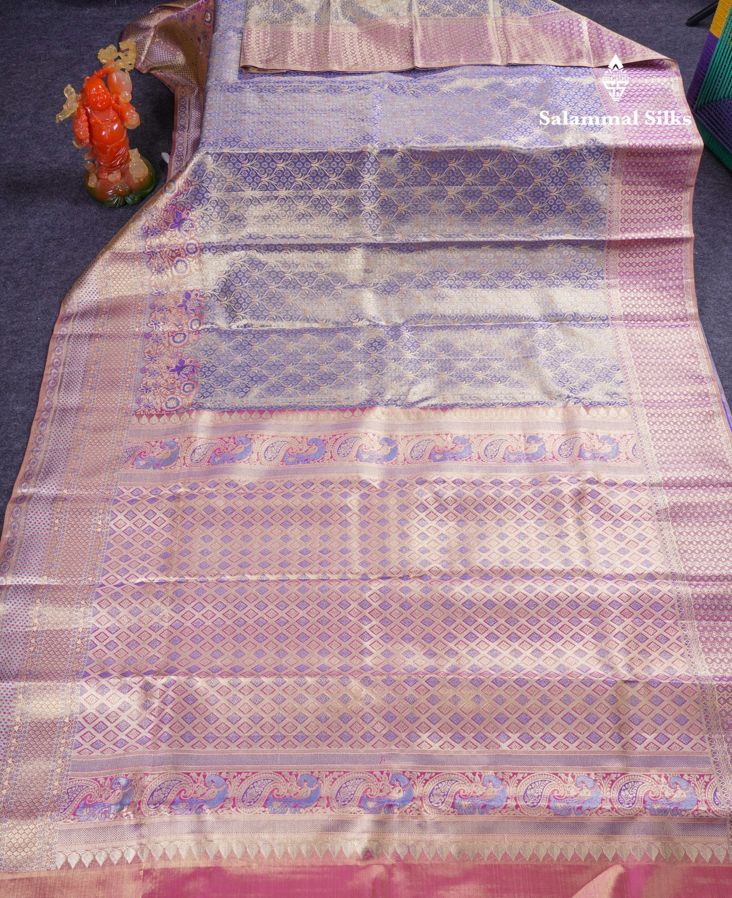 Beautiful Light Violet Tissue Bridal Menakari Work Pure Kanjivaram Silk Saree With Contrast Pink Fancy Border