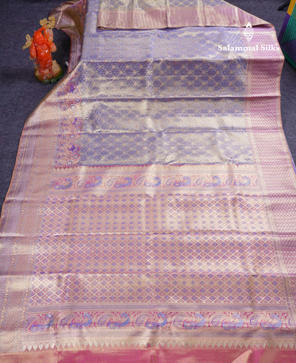 Beautiful Light Violet Tissue Bridal Menakari Work Pure Kanjivaram Silk Saree With Contrast Pink Fancy Border