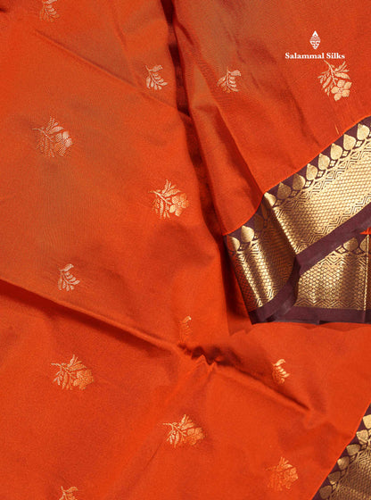Semi Silk Saree - Rust Orange Colour Body Zari Butta With Contrast Dark Brown Evening Morning Border