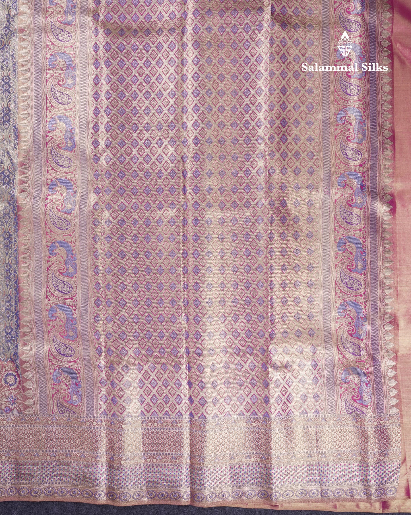 Beautiful Light Violet Tissue Bridal Menakari Work Pure Kanjivaram Silk Saree With Contrast Pink Fancy Border