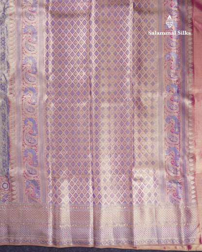 Beautiful Light Violet Tissue Bridal Menakari Work Pure Kanjivaram Silk Saree With Contrast Pink Fancy Border
