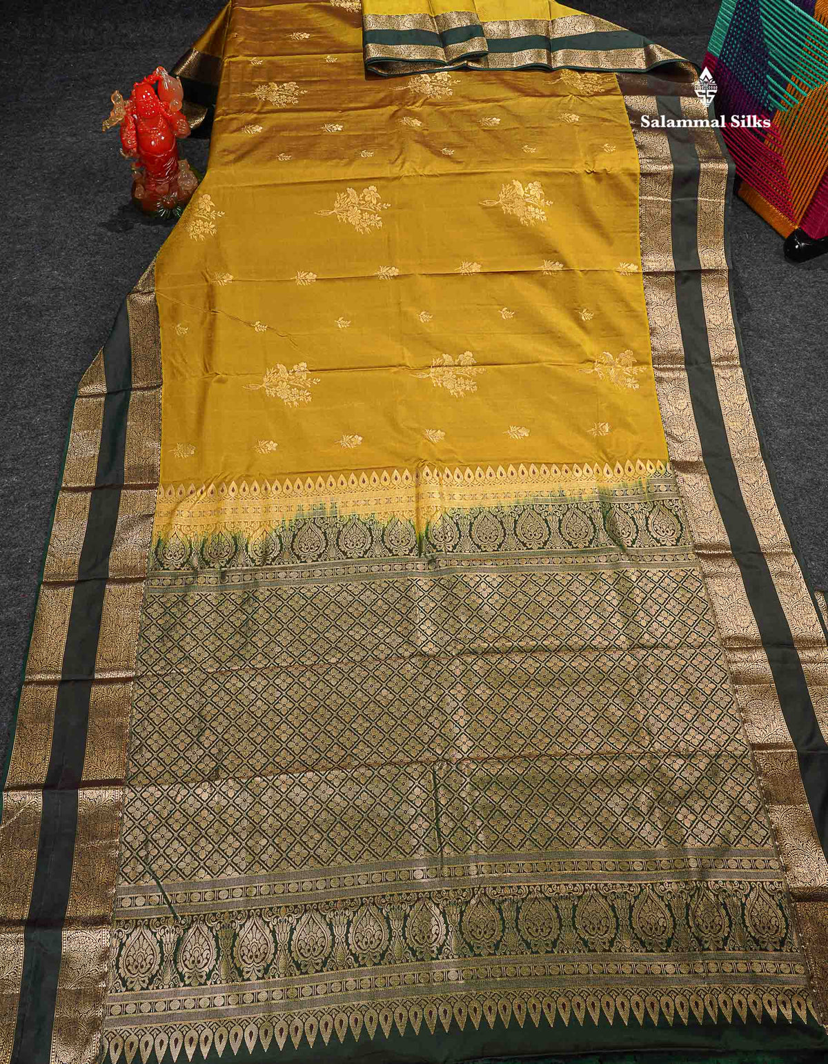 Semi Silk Saree - Olive Mustard Yellow Colour Body Zari Butta With Bottle Green Gap Border 
