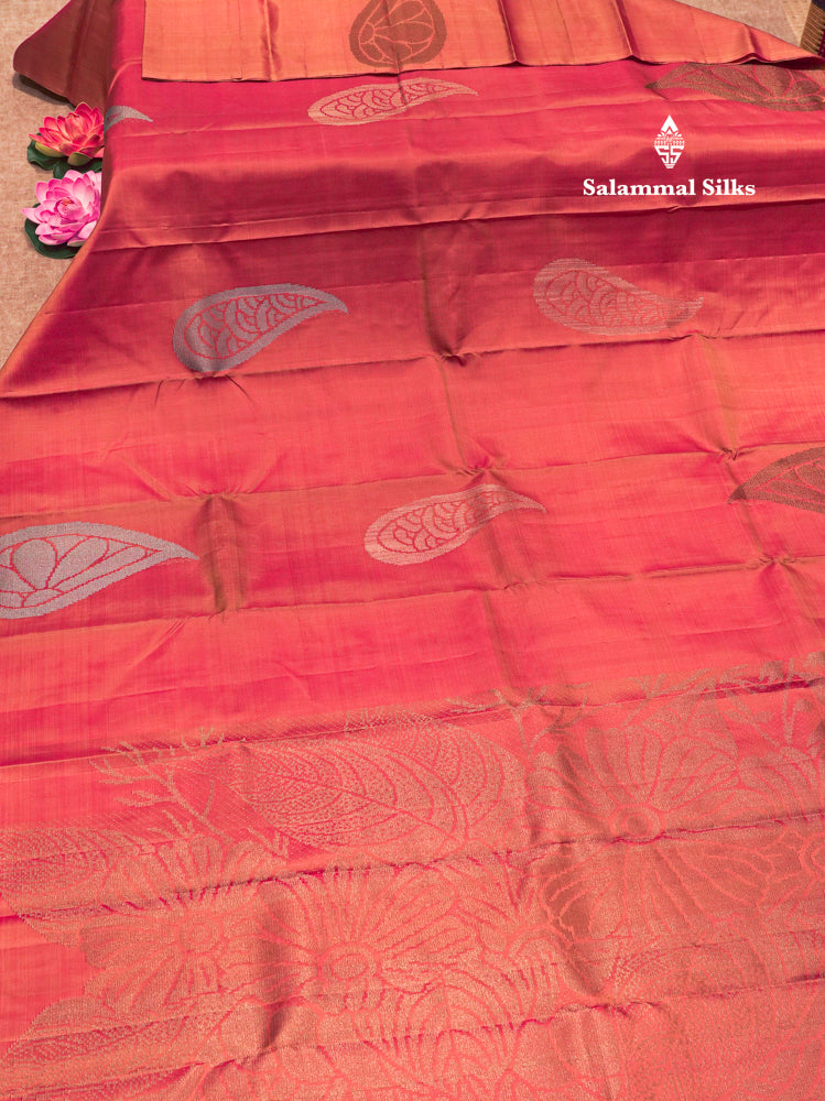 Fancy Peach Orange Colour Pure Kanjivaram Silk Saree