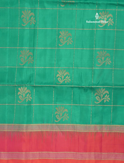 Beautiful Sea Green Pure Kanjivaram Soft Silk Saree With Contrast Pinkish Orange Border