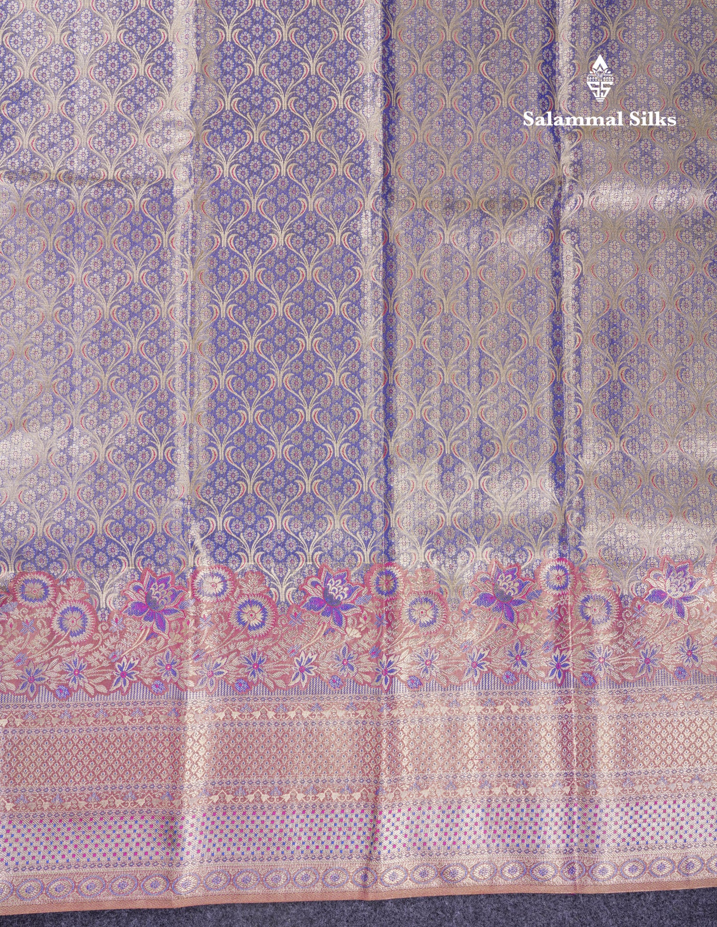 Beautiful Light Violet Tissue Bridal Menakari Work Pure Kanjivaram Silk Saree With Contrast Pink Fancy Border