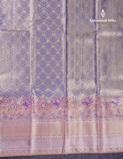 Beautiful Light Violet Tissue Bridal Menakari Work Pure Kanjivaram Silk Saree With Contrast Pink Fancy Border