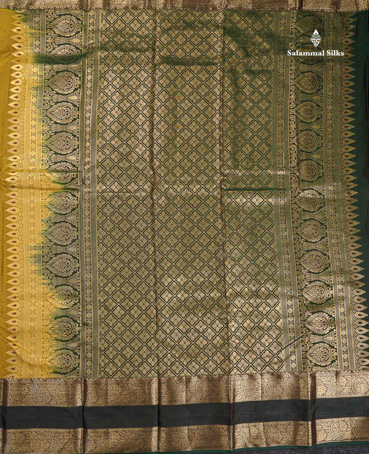 Semi Silk Saree - Olive Mustard Yellow Colour Body Zari Butta With Bottle Green Gap Border
