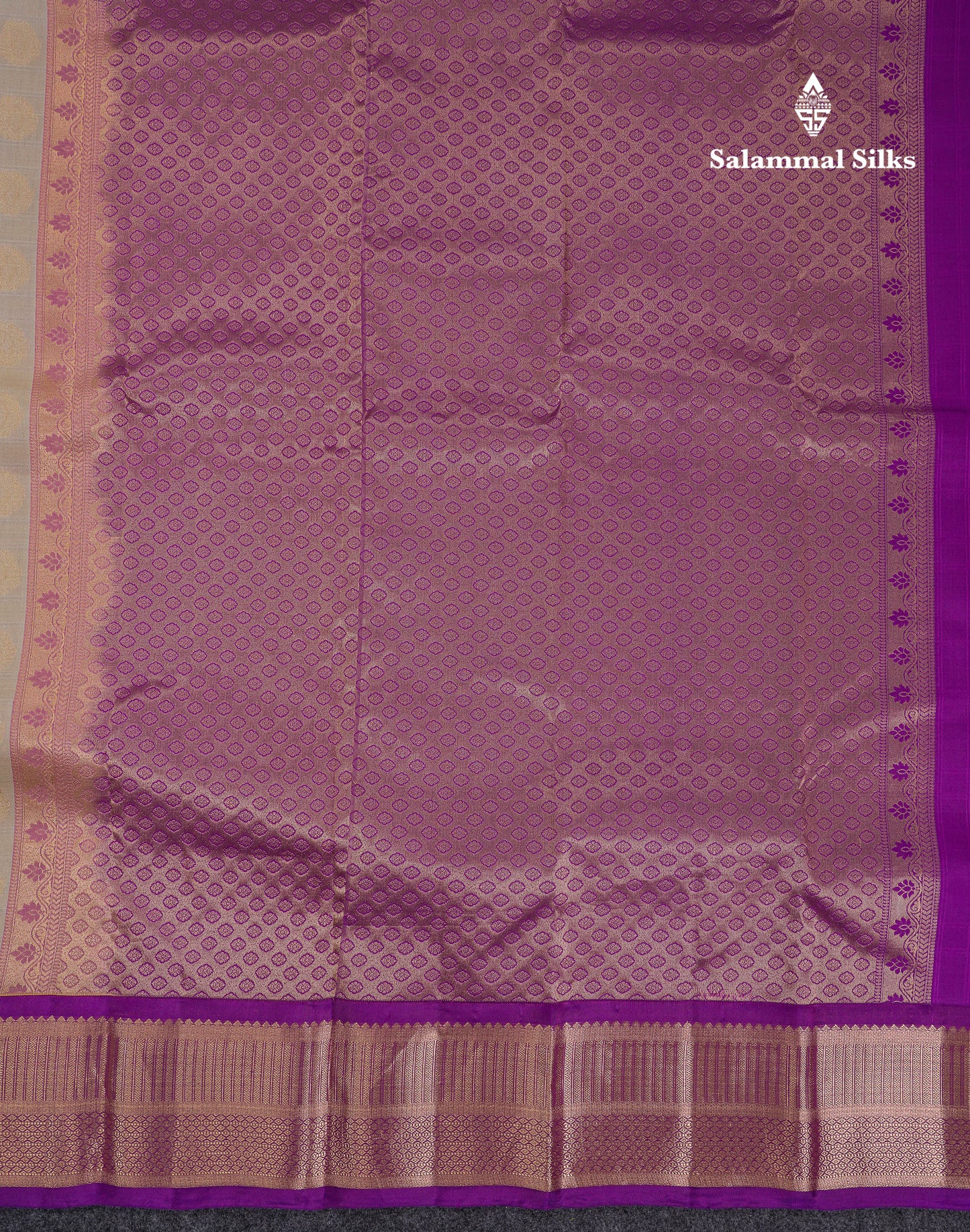 Beautiful Light Grey Pure Kanjivaram Silk Saree With Traditional Violet Border