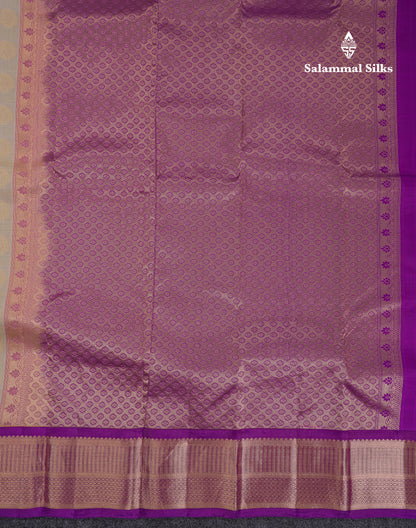 Beautiful Light Grey Pure Kanjivaram Silk Saree With Traditional Violet Border