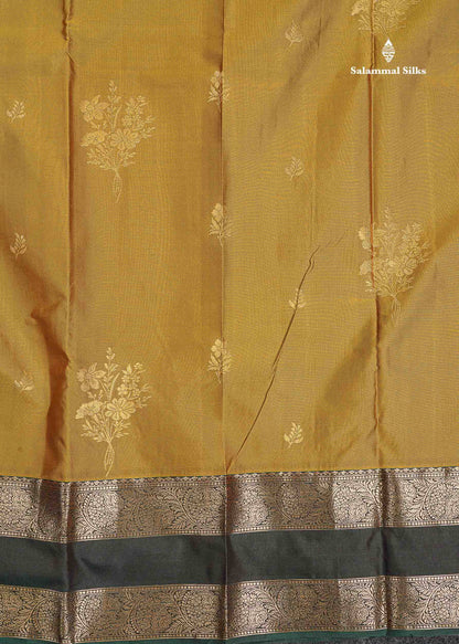 Semi Silk Saree - Olive Mustard Yellow Colour Body Zari Butta With Bottle Green Gap Border